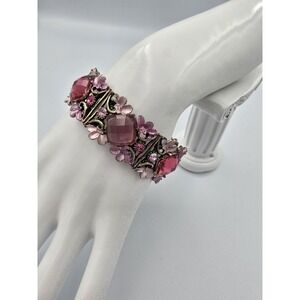 Vintage Style Pink Crystal Floral Stretch Bracelet Antique Gold Tone Fashion